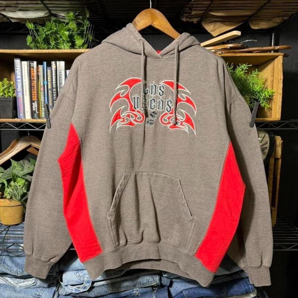 Vintage Y2K Las Vegas Flaming Dice Hoodie Gray Grunge Skater Sweatshirt Large